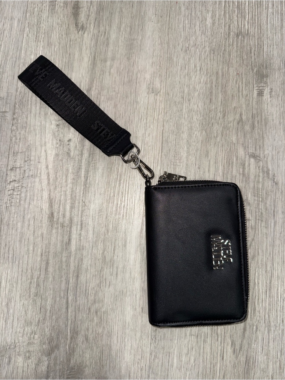 Steve Madden Black Zip Wristlet with Branded Detachable Strap